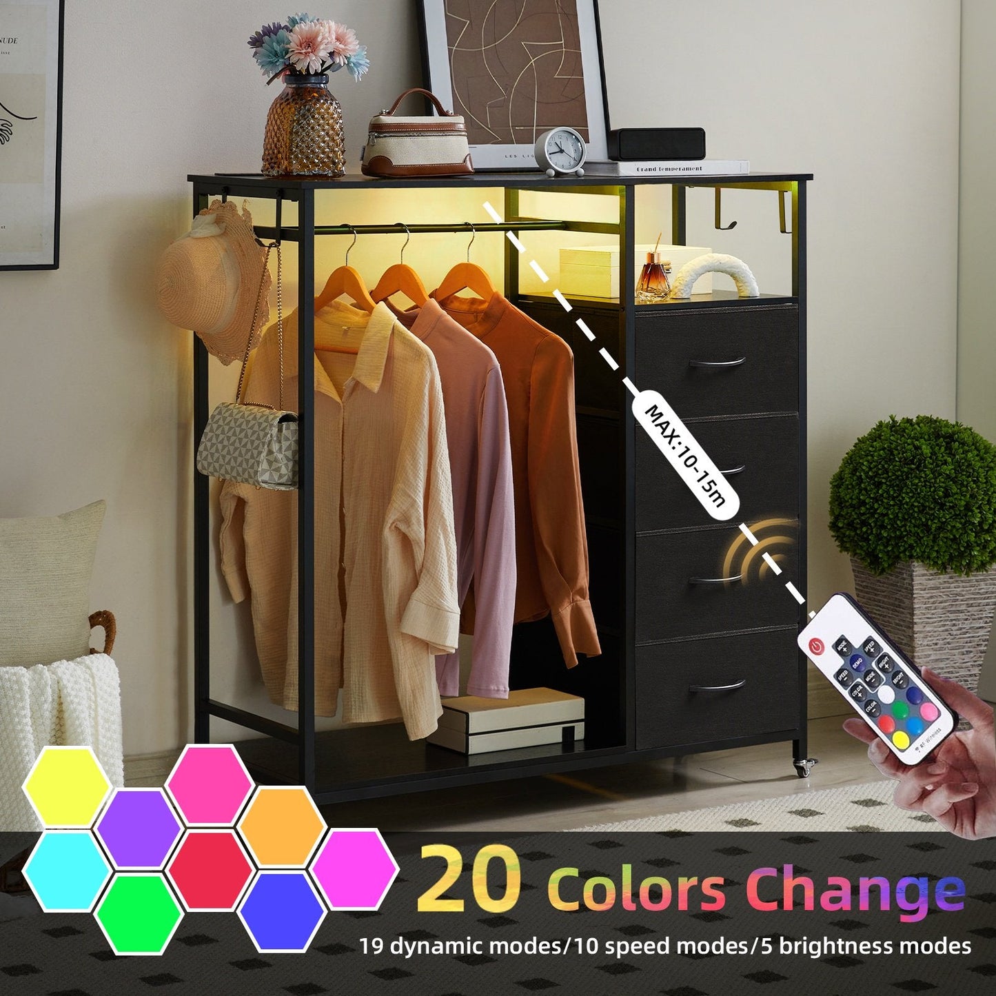 Somdot Dresser with Clothes Rack, 4 Drawers Dresser with Charging Station & LED, Black Storage Closet