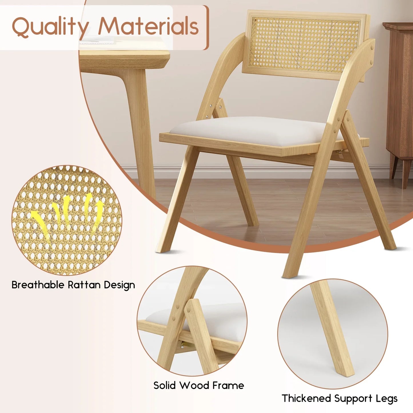 HomeZeer Folding Dining Chairs Set of 4, Foldable Rattan Folding Chairs with Padded Cushion, Modern Mid Century Rattan Dining Room Chairs, Foldable Kitchen Chairs for Small Space, No Assembly, Beige