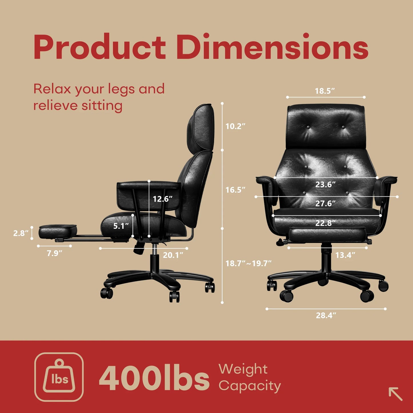 HomeZeer Big and Tall Office Chair 400LBS, Reclining Office Chair with Footrest and Wide Seat, Executive Desk Chair with High Back,Comfortable Computer Task Chair for Home Office, Black