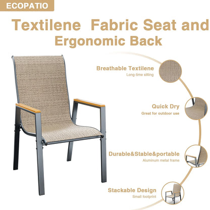 ECOPATIO Outdoor Patio Dining Chairs Set of 2, Stackable Steel Chairs with Armrest,Durable Frame for Lawn Garden Backyard, Khaki