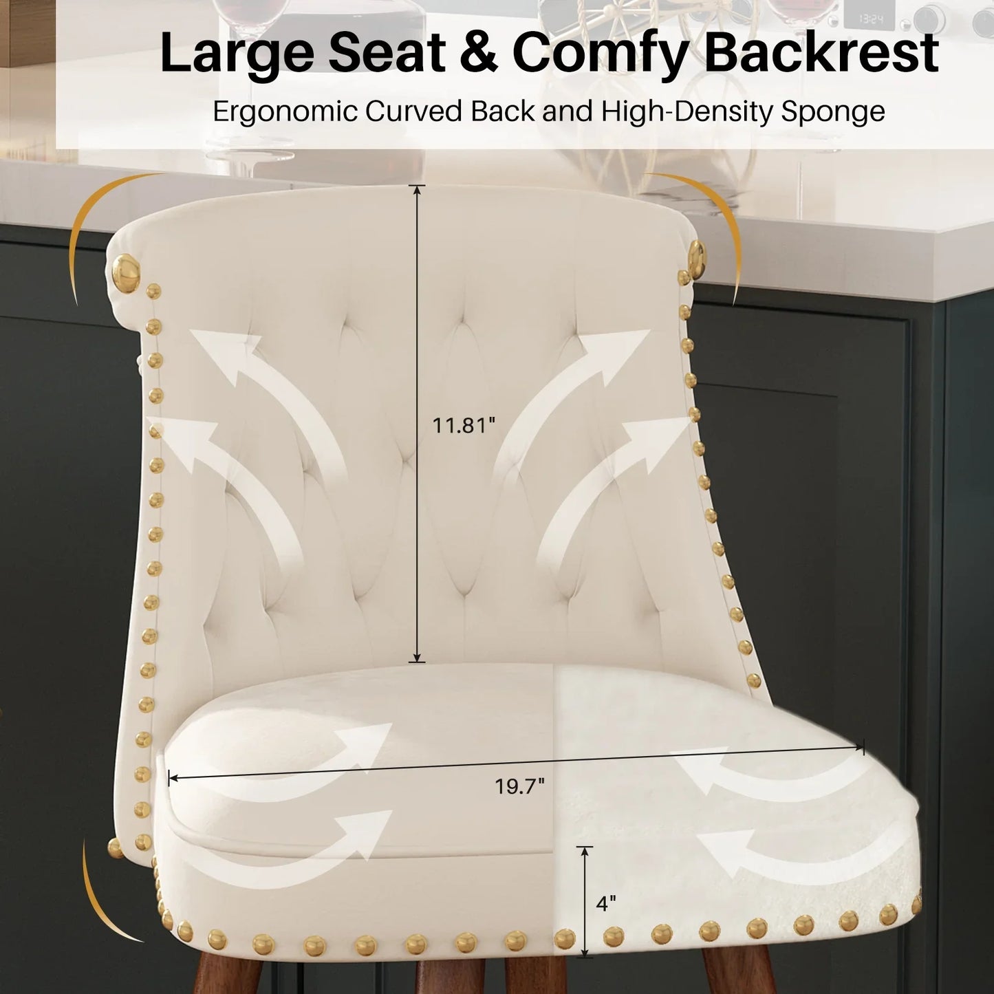 HomeZeer 24" Bar Stools Set of 4, Swivel Counter Height Bar Stools with Back and Footrest, Velvet Upholstered Bar stools with Solid Wood Legs, Button Tufted Barstools for Kitchen Island,Beige