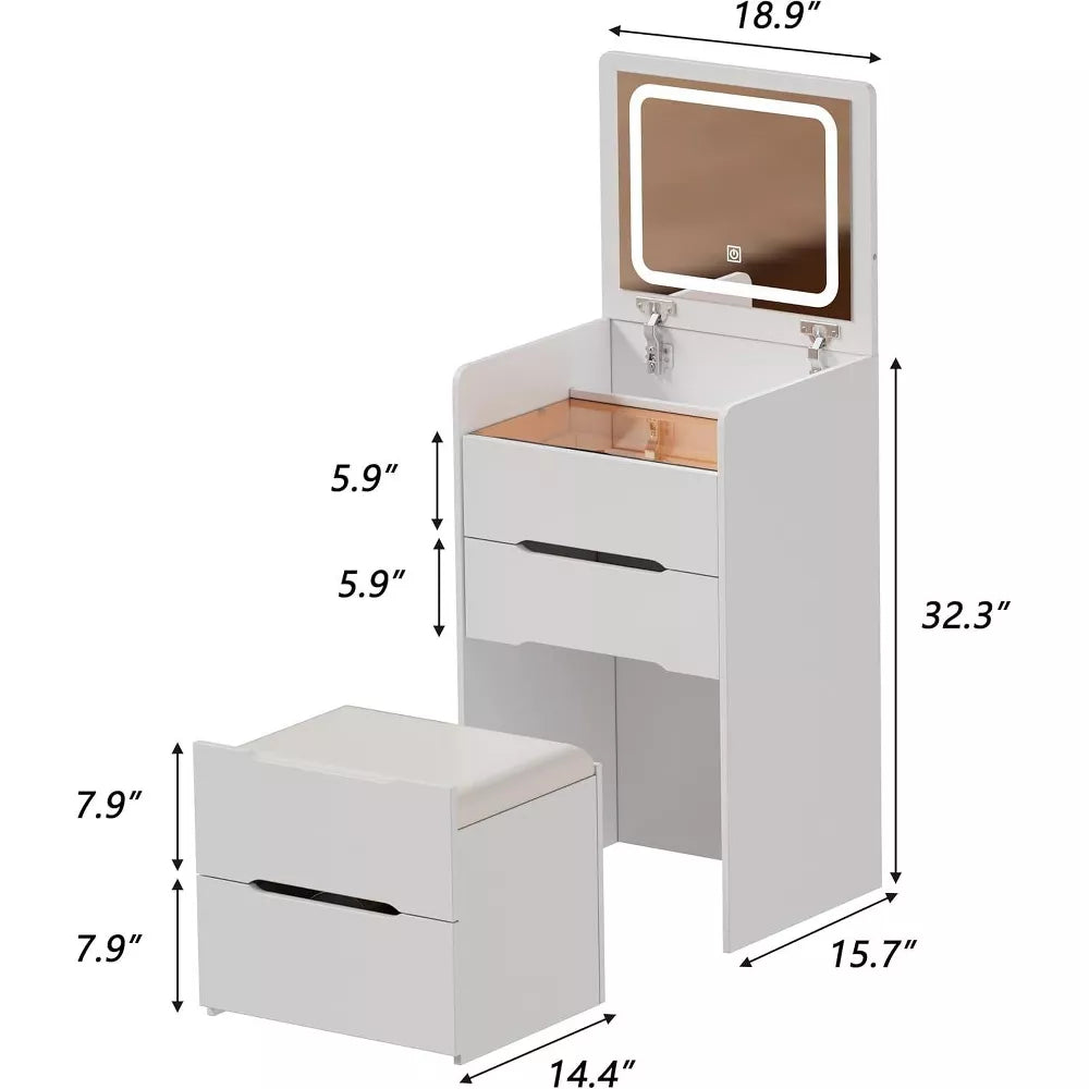 PAKASEPT 3 in 1 Vanity Desk with Plip Top LED Mirror, Make Up Vanity Set with Glass Desktop, 3 Drawers, Cushioned Tool