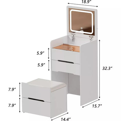 PAKASEPT 3 in 1 Vanity Desk with Plip Top LED Mirror, Make Up Vanity Set with Glass Desktop, 3 Drawers, Cushioned Tool