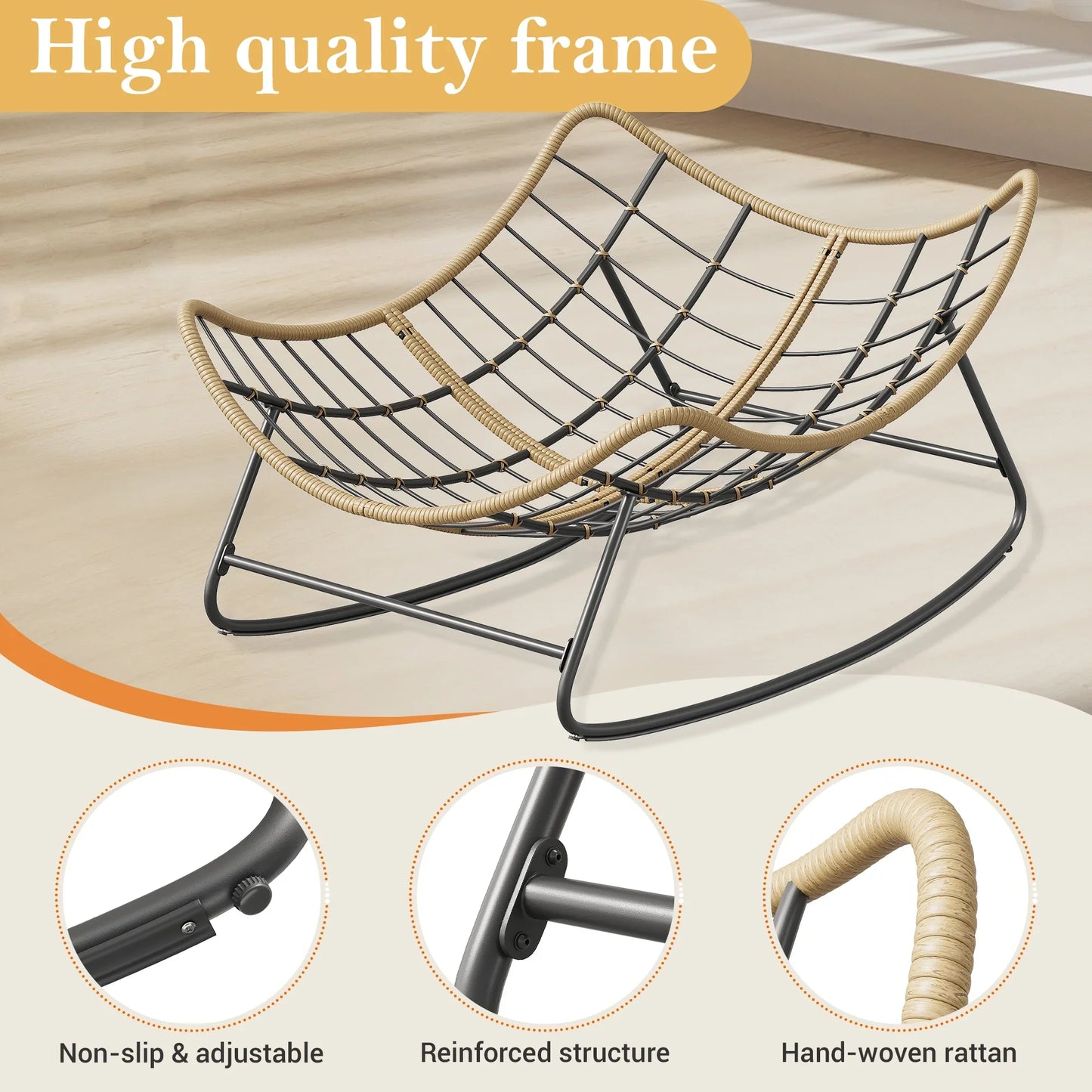 Poteban Outdoor Rocking Chair, Indoor Papasan Chair, Oversized Egg Rocking Chair with Thick Cushion, Rattan Wicker Rocker Lounge Chair for Bedroom, Living Room, Patio, Garden, Porch (Light Grey)