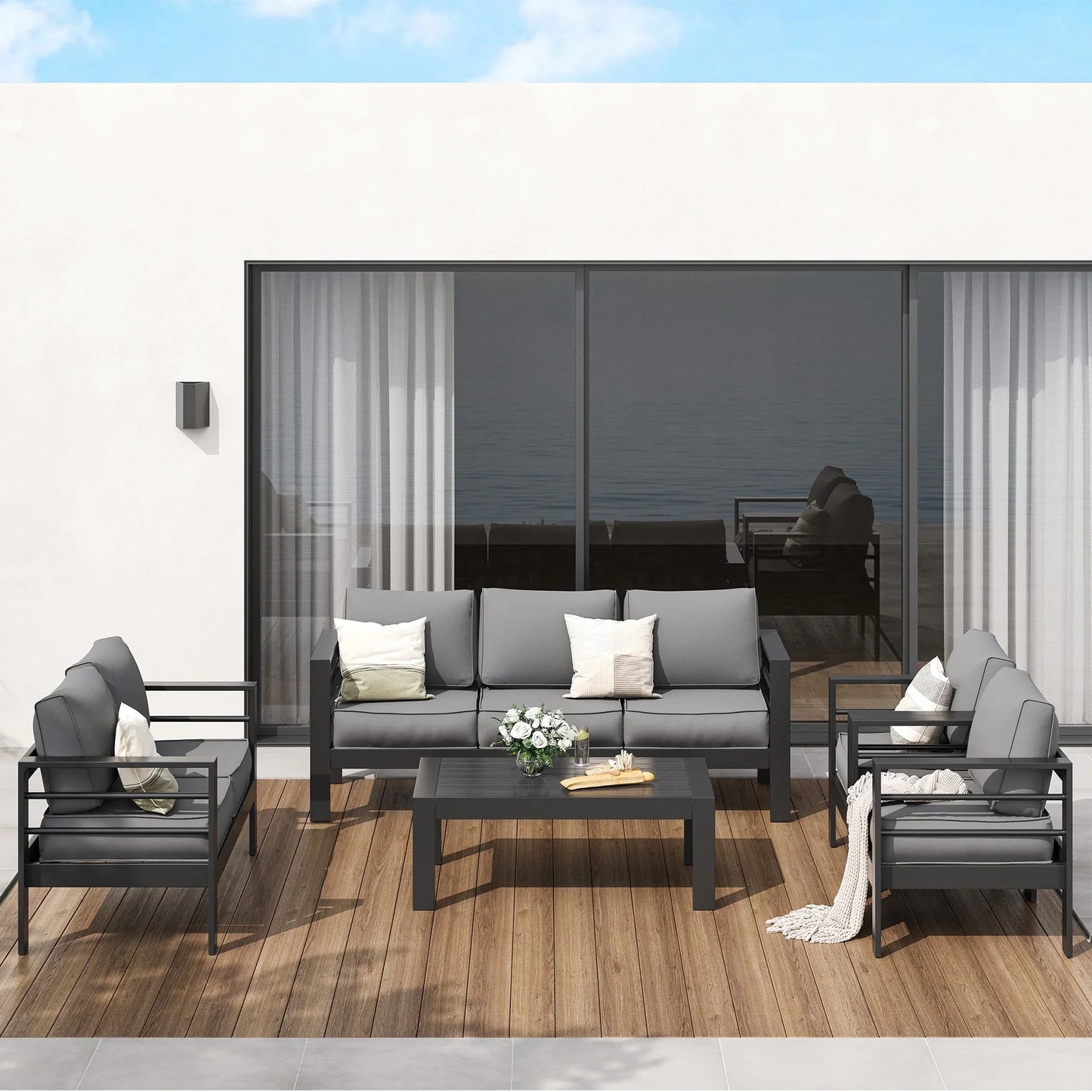 ECOPATIO Aluminum Patio Furniture Set, 8 Pcs Metal Modern Outdoor Sofa Sets, Outdoor Sectional Patio Conversation Set with Coffee Table for Backyard, Poolside, Dark Grey (Included Waterproof Covers)