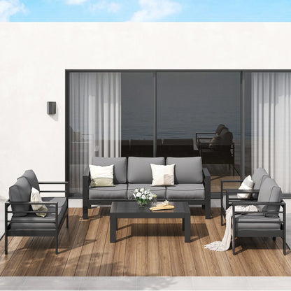 ECOPATIO Aluminum Patio Furniture Set, 8 Pcs Metal Modern Outdoor Sofa Sets, Outdoor Sectional Patio Conversation Set with Coffee Table for Backyard, Poolside, Dark Grey (Included Waterproof Covers)