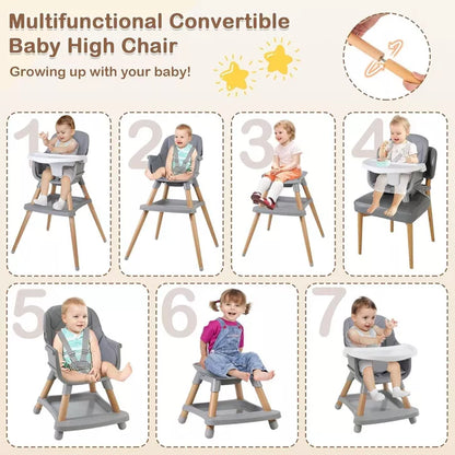 Kinder King 7 in 1 Baby High Chair Convert to Wooden Feeding Chair Removable Tray 5-Point Harness Gray