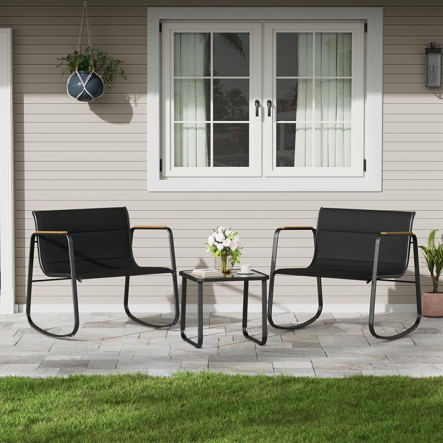 Poteban Outdoor Table and Chair Set 3 Piece, Patio Rocking Chair, Breathable Textilene Fabric Patio Furniture Set for Porch, Poolside, Deck, Outdoor Terrace, Balcony, Garden,Black