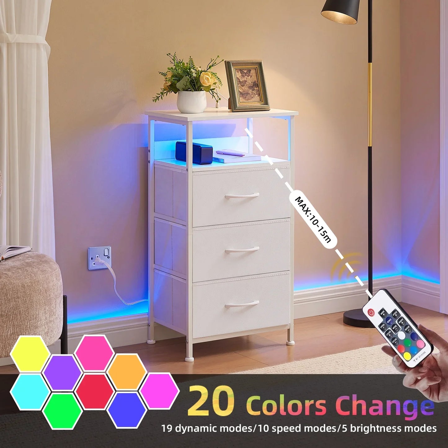 Somdot LED Dresser with Charging Station, 3 Lightweight Fabric Drawers and Open Shelf, White Leather