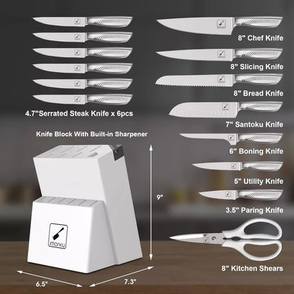 imarku, Japanese HC Stainless Steel 15 PCS Kitchen Knife Set With Block With Built-in Sharpener, Knife Block Set With Dotted Ergomomic Handle, White