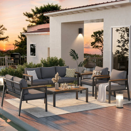 Poteban Aluminum Patio Furniture Set, Modern Metal Outdoor Patio Furniture, 8 Pcs Patio Conversation Sets with Wood Top Armrest & Table for Poolside, Deck, Dark Grey (Included Waterproof Covers)