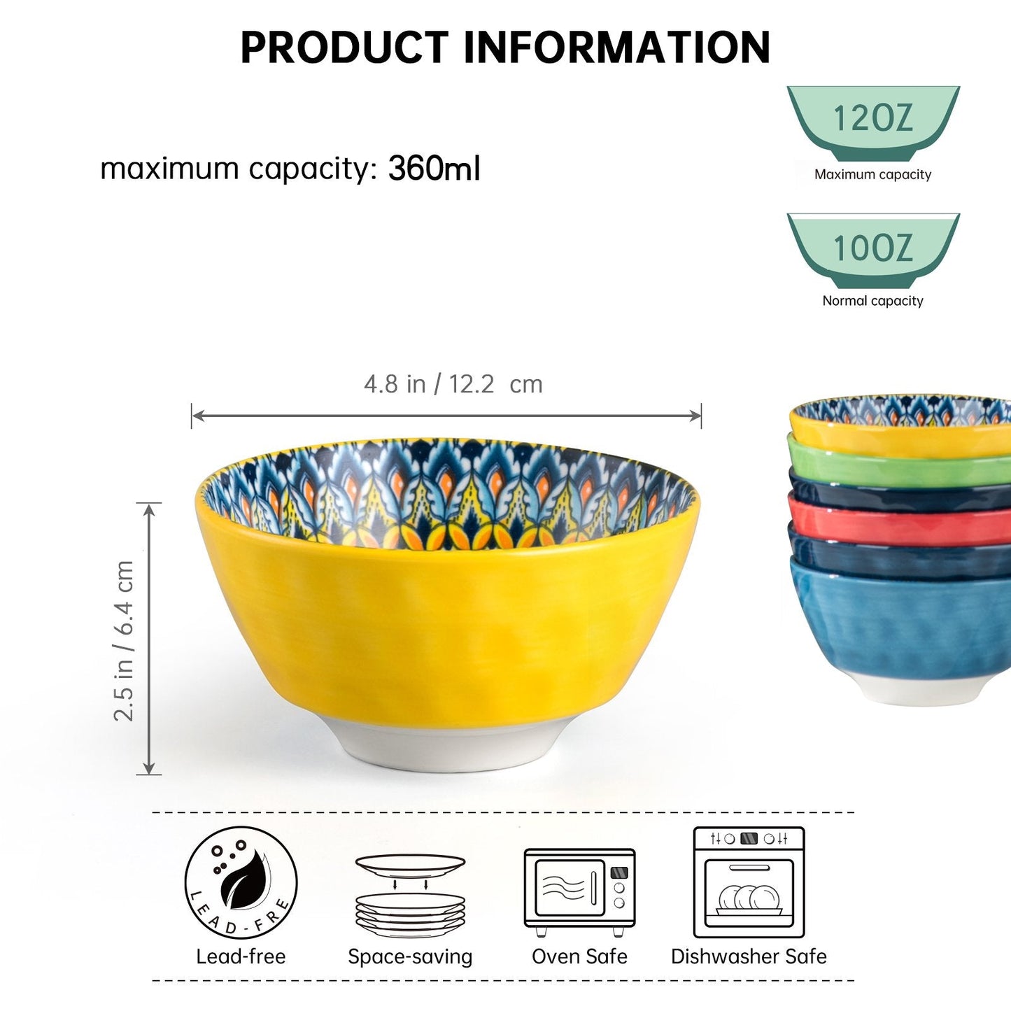 UNICASA Cereal Bowls 25 oz Colorful 7 In Ceramic Soup Bowls Set of 4 for Kitchen,Dishwasher & Microwave Safe- for Cereal,Soup,Oatmeal,Salad, Pasta