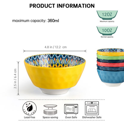 UNICASA Cereal Bowls 25 oz Colorful 7 In Ceramic Soup Bowls Set of 4 for Kitchen,Dishwasher & Microwave Safe- for Cereal,Soup,Oatmeal,Salad, Pasta