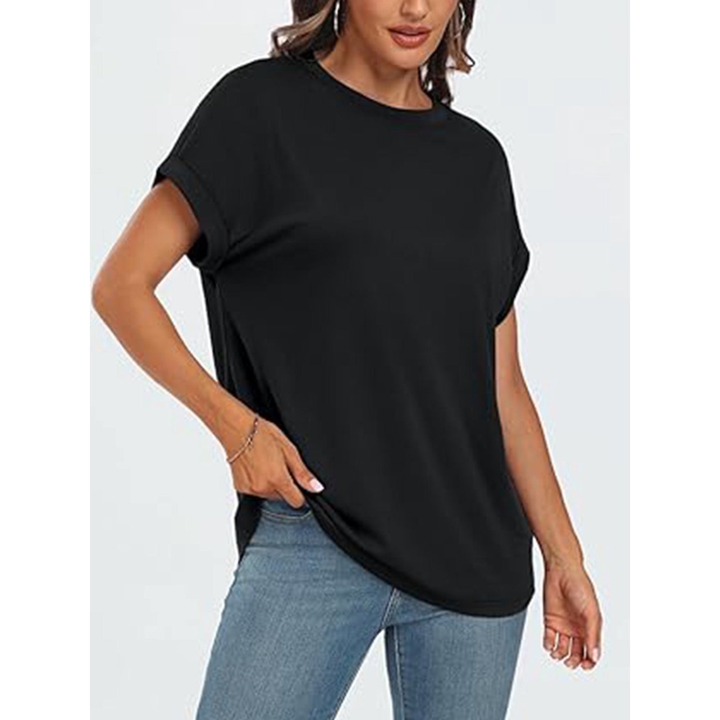 VDJ Women Casual Tops Summer Short Sleeve Crew Neck T Shirts Trendy Black Tunic Tee Solid Blouses for Lady Size XL