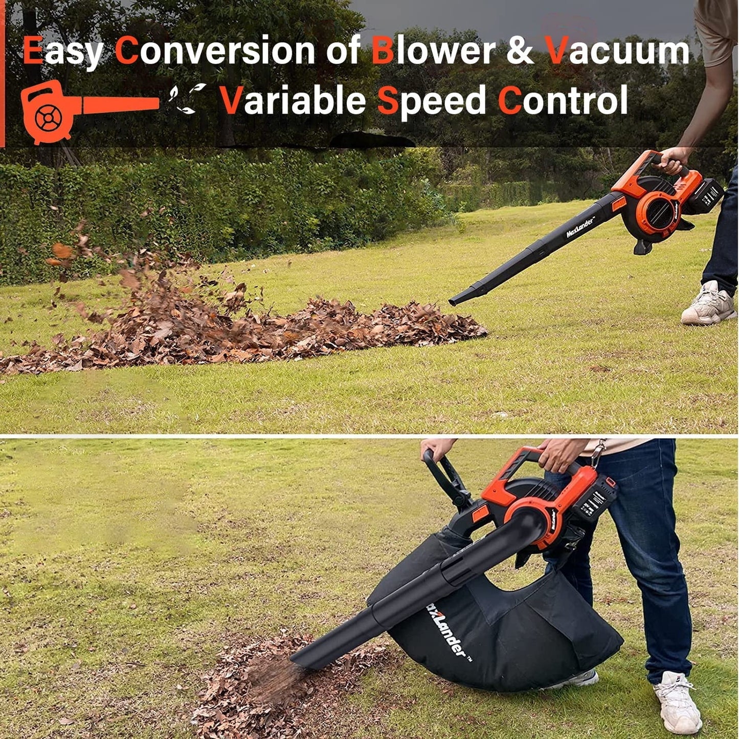 MAXLANDER 40V Cordless Leaf Vacuum, Electric Leaf Blower, Mulcher with 2x4.0Ah Lithium Ion Battery