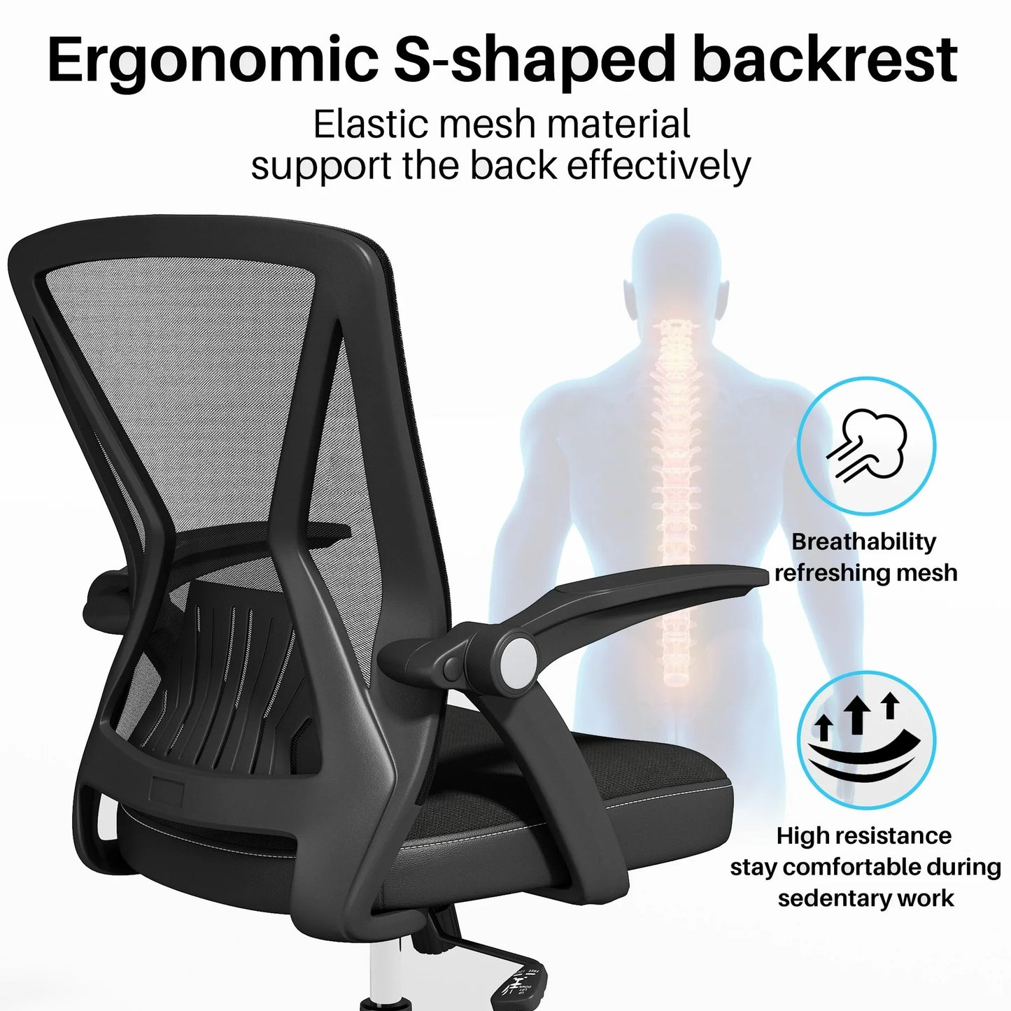 HomeZeer Mesh Office Desk Chair, Mid-Back Ergonomic Computer Desk Chair with Flip Up Armrest, Swivel Home Office Chair with Lumbar Support, Black