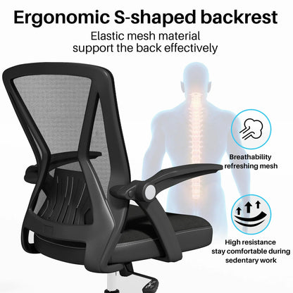 HomeZeer Mesh Office Desk Chair, Mid-Back Ergonomic Computer Desk Chair with Flip Up Armrest, Swivel Home Office Chair with Lumbar Support, Black