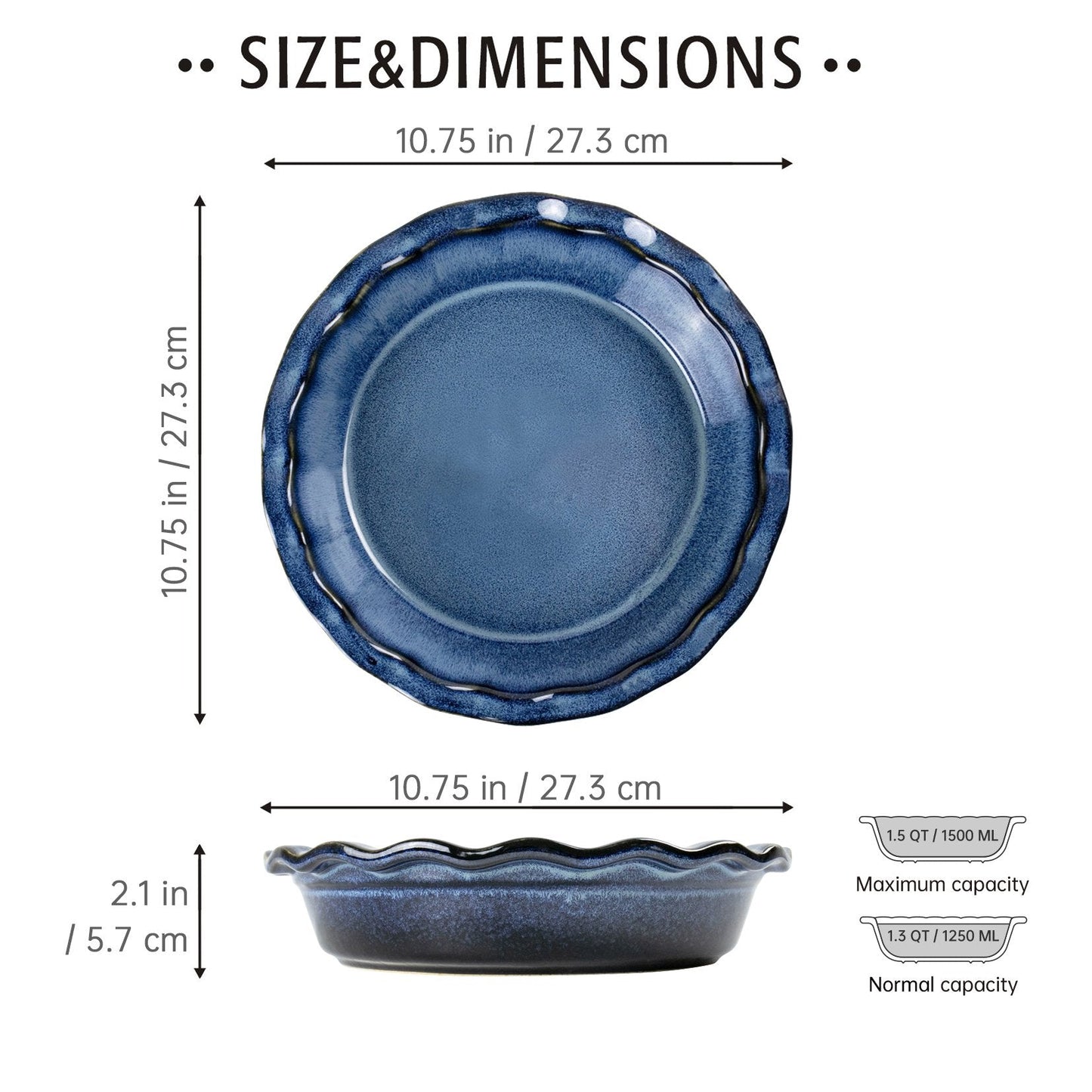 UNICASA Ceramic Pie Dish,10.75 Inch Stoneware Pie Pan,Baking Dish for Making Sweet and Savory Dishs(Blue)