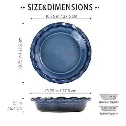 UNICASA Ceramic Pie Dish,10.75 Inch Stoneware Pie Pan,Baking Dish for Making Sweet and Savory Dishs(Blue)
