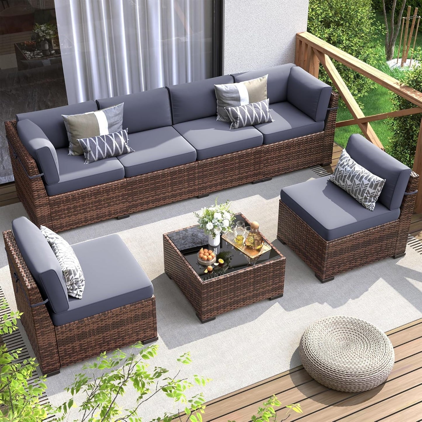 Poteban 7 Pieces Outdoor Sectional Sofa Set with Waterproof Cover, PE Wicker Rattan Slanted Back Outdoor Conversation with Cushions and Glass Coffee Table for Backyard Garden Dark, Grey