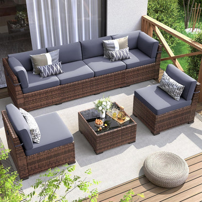 Poteban 7 Pieces Outdoor Sectional Sofa Set with Waterproof Cover, PE Wicker Rattan Slanted Back Outdoor Conversation with Cushions and Glass Coffee Table for Backyard Garden Dark, Grey