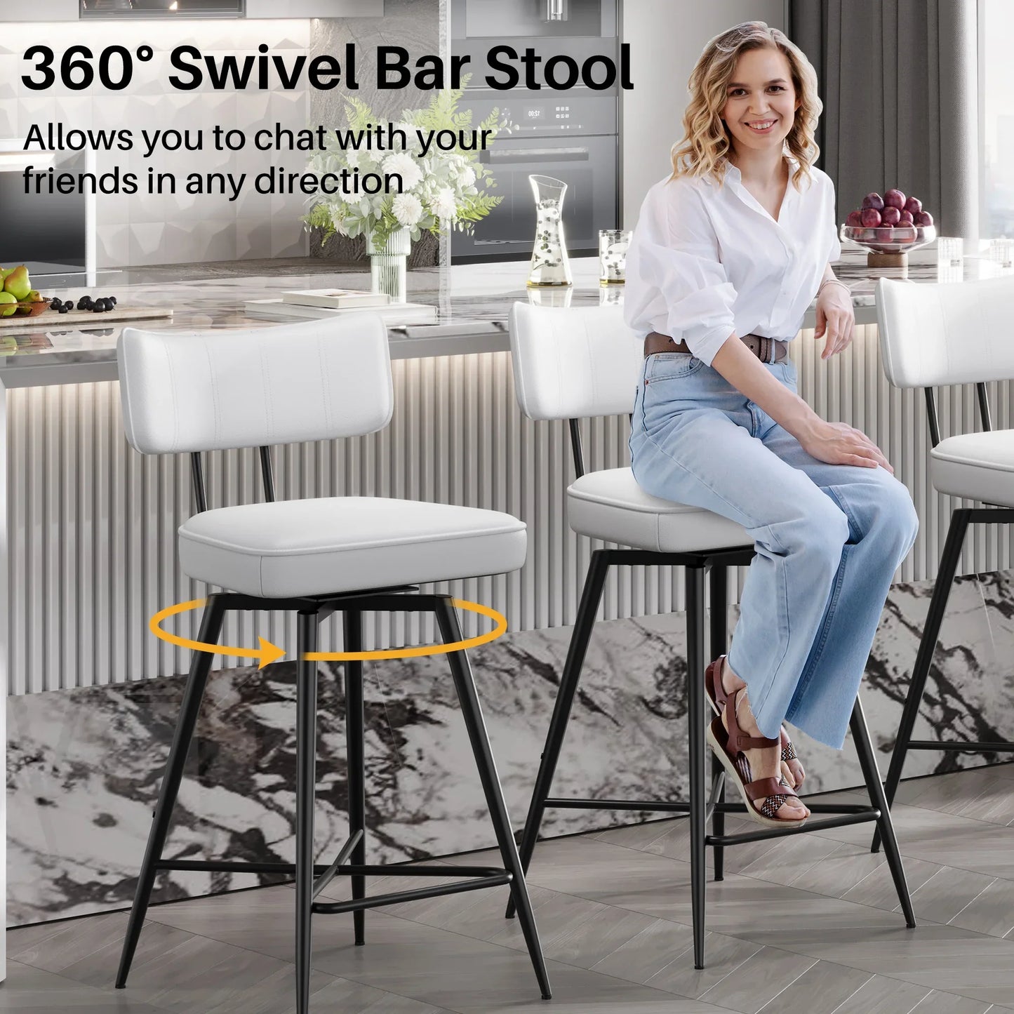 HomeZeer Swivel Bar Stools Set of 4, 26" Counter Height BarStool with Back, Leather Upholstered Kitchen Stools with Footrest and Metal Frame, Bar Chair for Kitchen Island, White