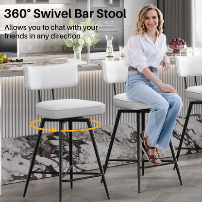 HomeZeer Swivel Bar Stools Set of 4, 26" Counter Height BarStool with Back, Leather Upholstered Kitchen Stools with Footrest and Metal Frame, Bar Chair for Kitchen Island, White