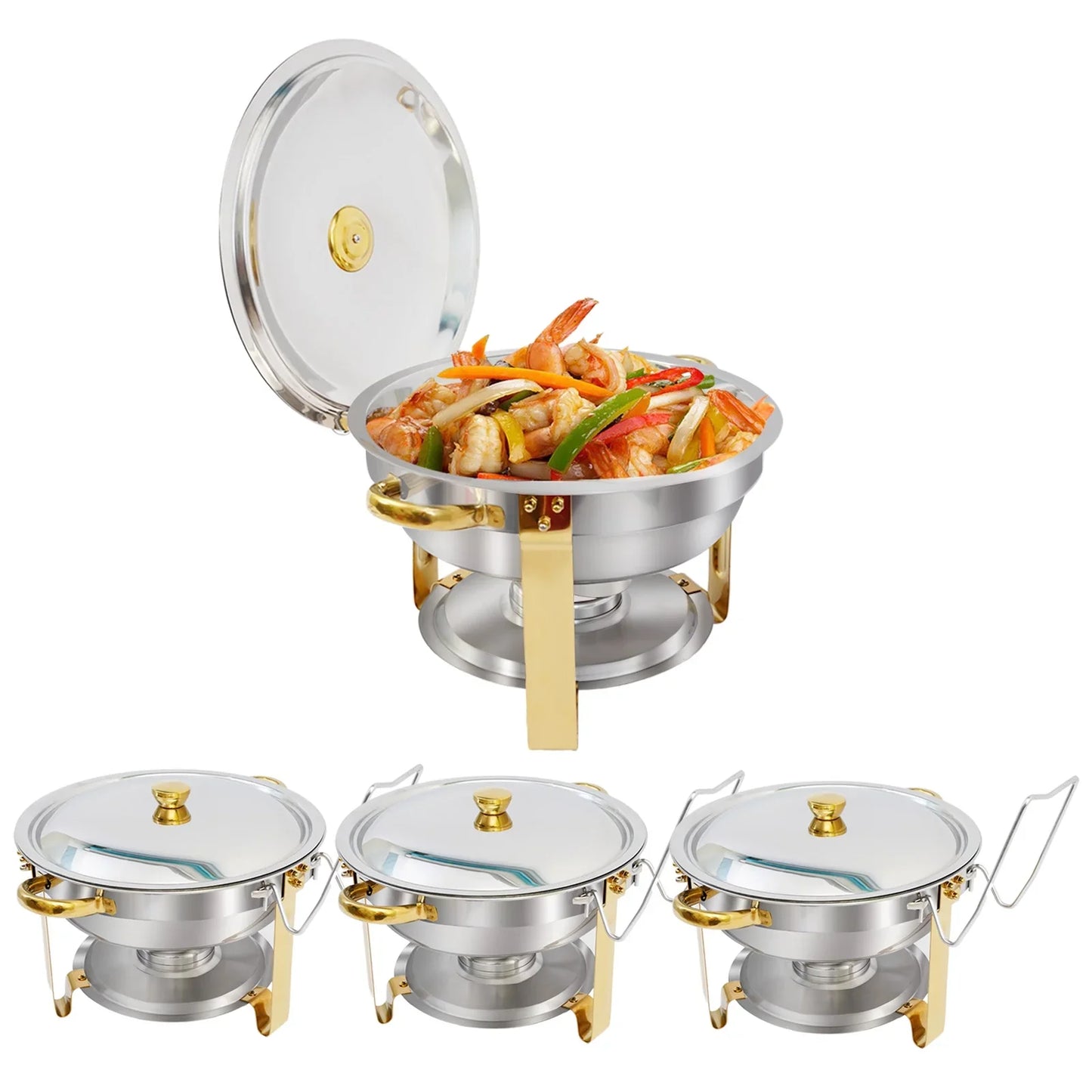 CATGOOD Chafing Dish Buffet Set 5QT Round Half-Gold Plated Stainless Steel Chafing Dish with Stainless Steel Lid, Buffet Warmer Set, 4-Pack, for Home Gatherings, Christmas Parties, Catering Events