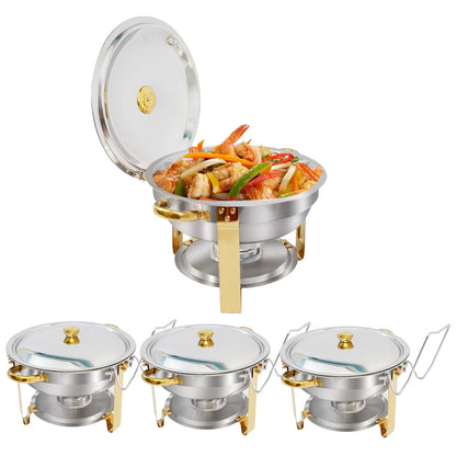CATGOOD Chafing Dish Buffet Set 5QT Round Half-Gold Plated Stainless Steel Chafing Dish with Stainless Steel Lid, Buffet Warmer Set, 4-Pack, for Home Gatherings, Christmas Parties, Catering Events
