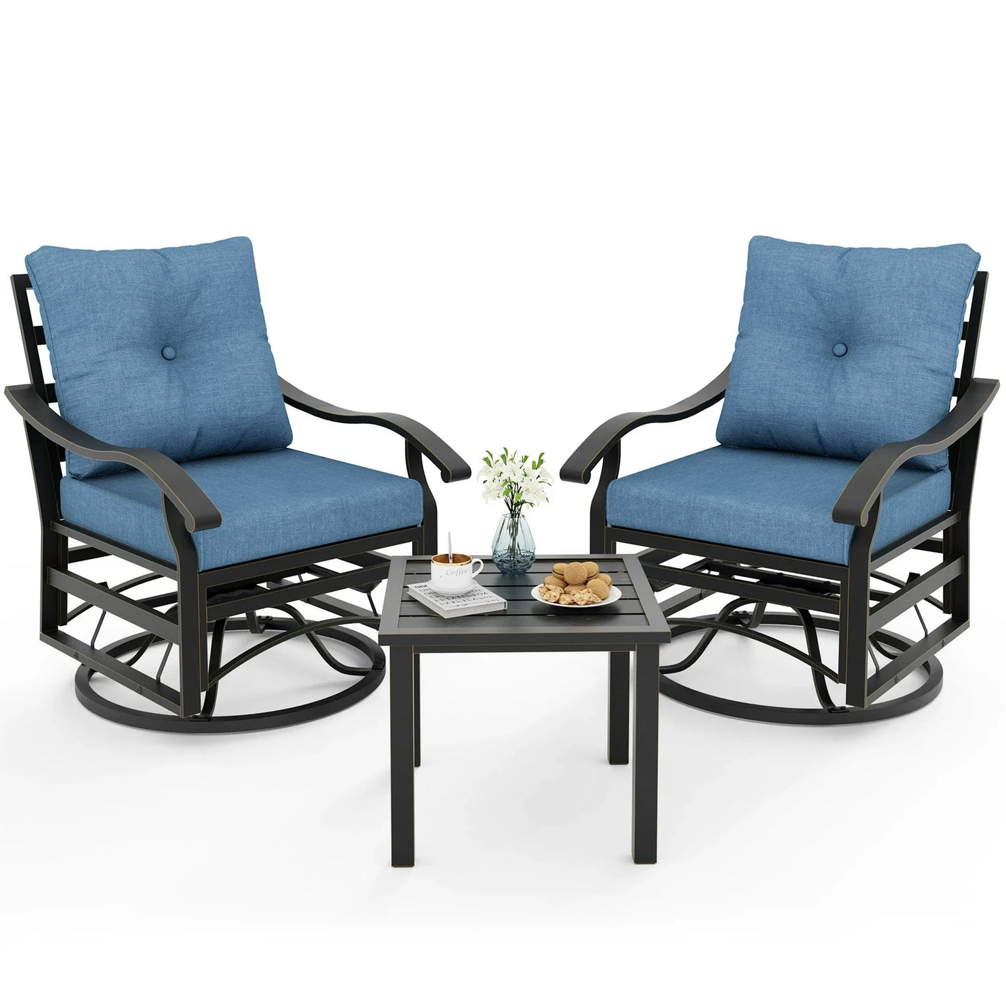 Poteban Outdoor Swivel Rocker Chairs, 3 Piece Metal Patio Rocking Chairs with Padded Cushions Patio Bistro Furniture Set with Side Table for Porch Balcony Backyard, Blue