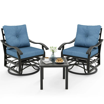 Poteban Outdoor Swivel Rocker Chairs, 3 Piece Metal Patio Rocking Chairs with Padded Cushions Patio Bistro Furniture Set with Side Table for Porch Balcony Backyard, Blue