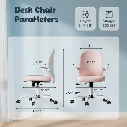 HomeZeer Kids Desk Chair, Pink Study Office Chair for Girls with Height Adjustable, Swivel Leather Chair for 4-12, Flip-up Arms Home Office Chair for Teens