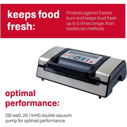 Deluxe Food VS-12 Vacuum Sealer, 130 Watts, Kit Bags & Viewing Lid, Compact, Silver