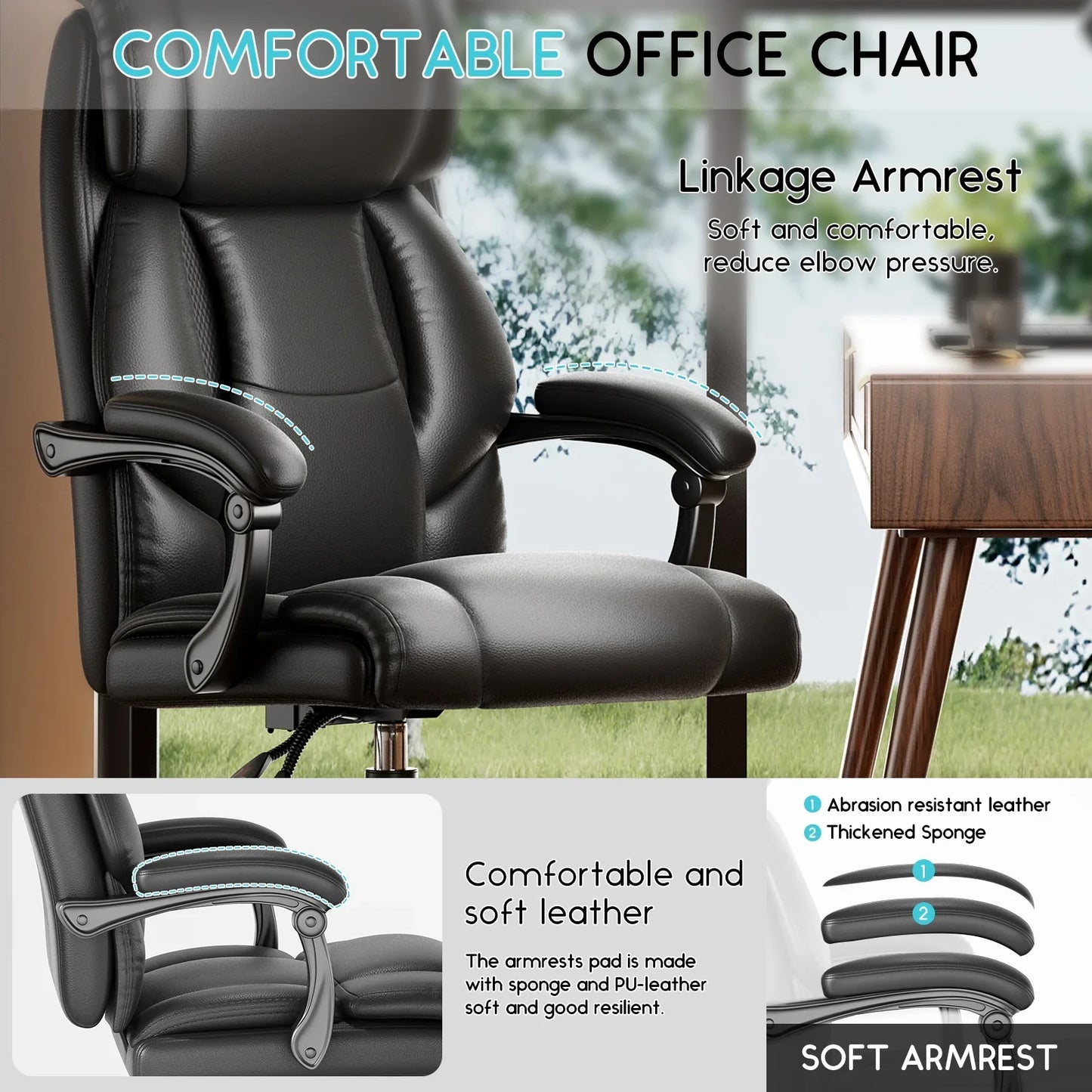 HomeZeer Big and Tall Office Chair 400lbs, High Back Executive Reclining Office Chair, Swivel Leather Home Office Desk Chairs for Adults, Ergonomic Computer Chair, Black