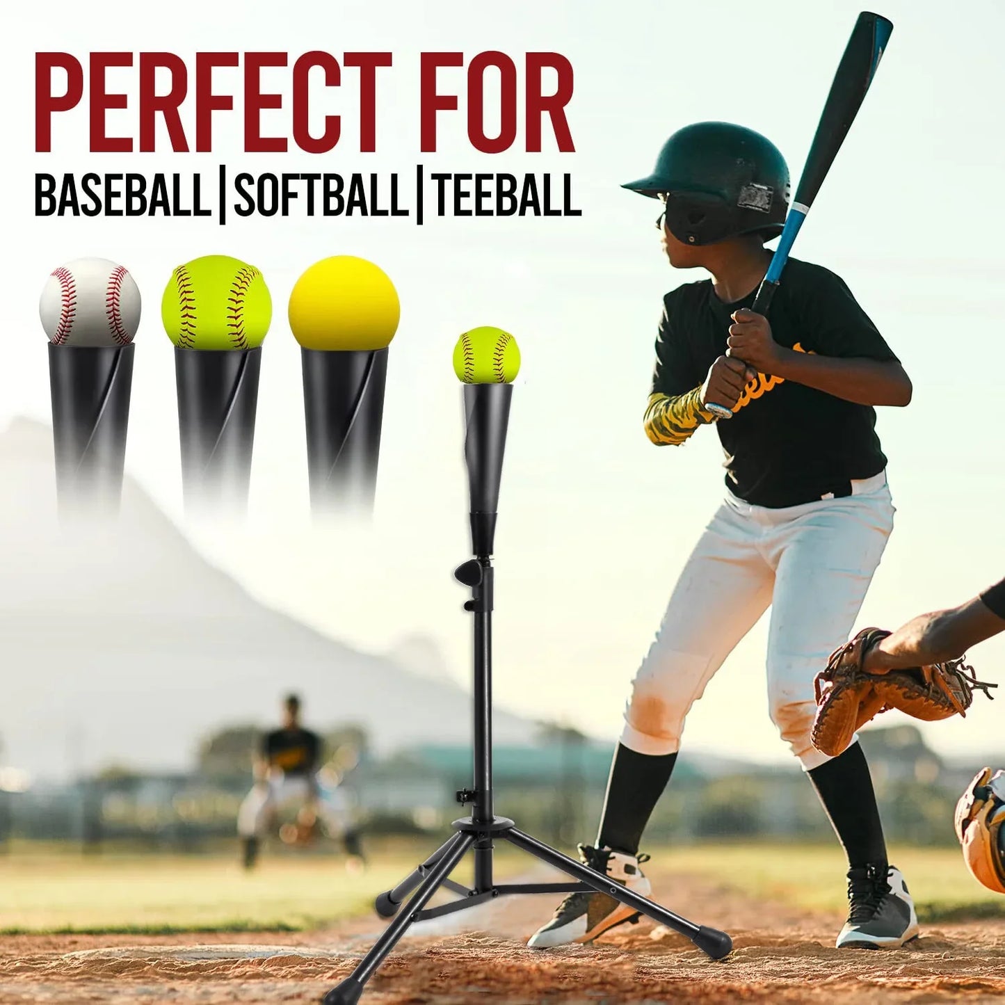 JASCOPRO Baseball Batting Tee, 27" to 43" with Tripod Stand Base, 2 Pcs Replaceable Rubber Tops