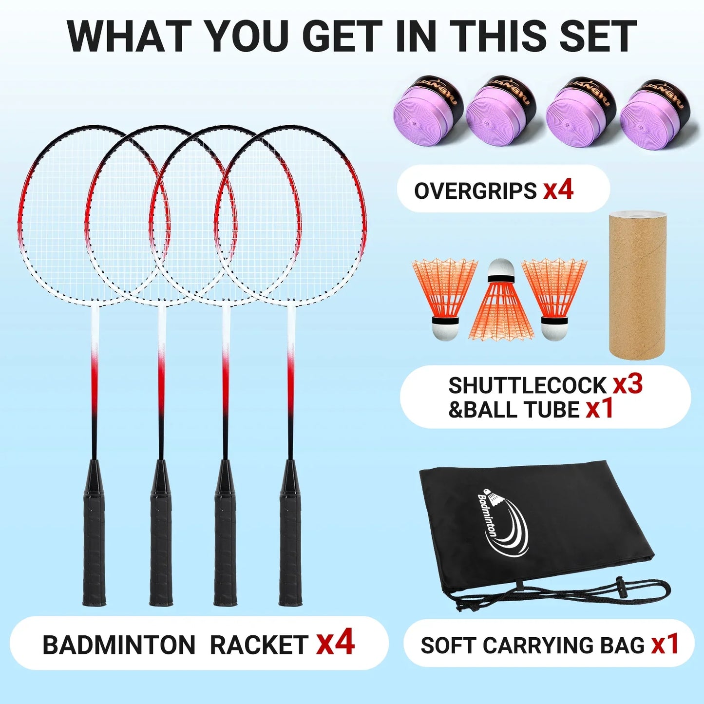 JASCOPRO Badminton Racket Set for 4 Players, 4 Racquets, 3 Shuttlecocks with Carry Bag