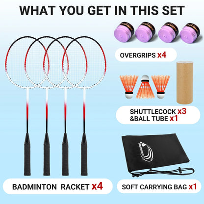 JASCOPRO Badminton Racket Set for 4 Players, 4 Racquets, 3 Shuttlecocks with Carry Bag