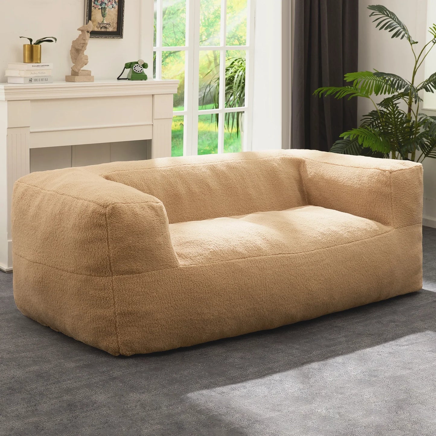 HOMGUAVA Oversized Bean Bag Chair for Adults, Giant Beanbag Sofa, Comfy Chair Lazy Sofa with Wide Armrests & Soft Sherpa Teddy Cover for Bedroom & Living Room, Khaki