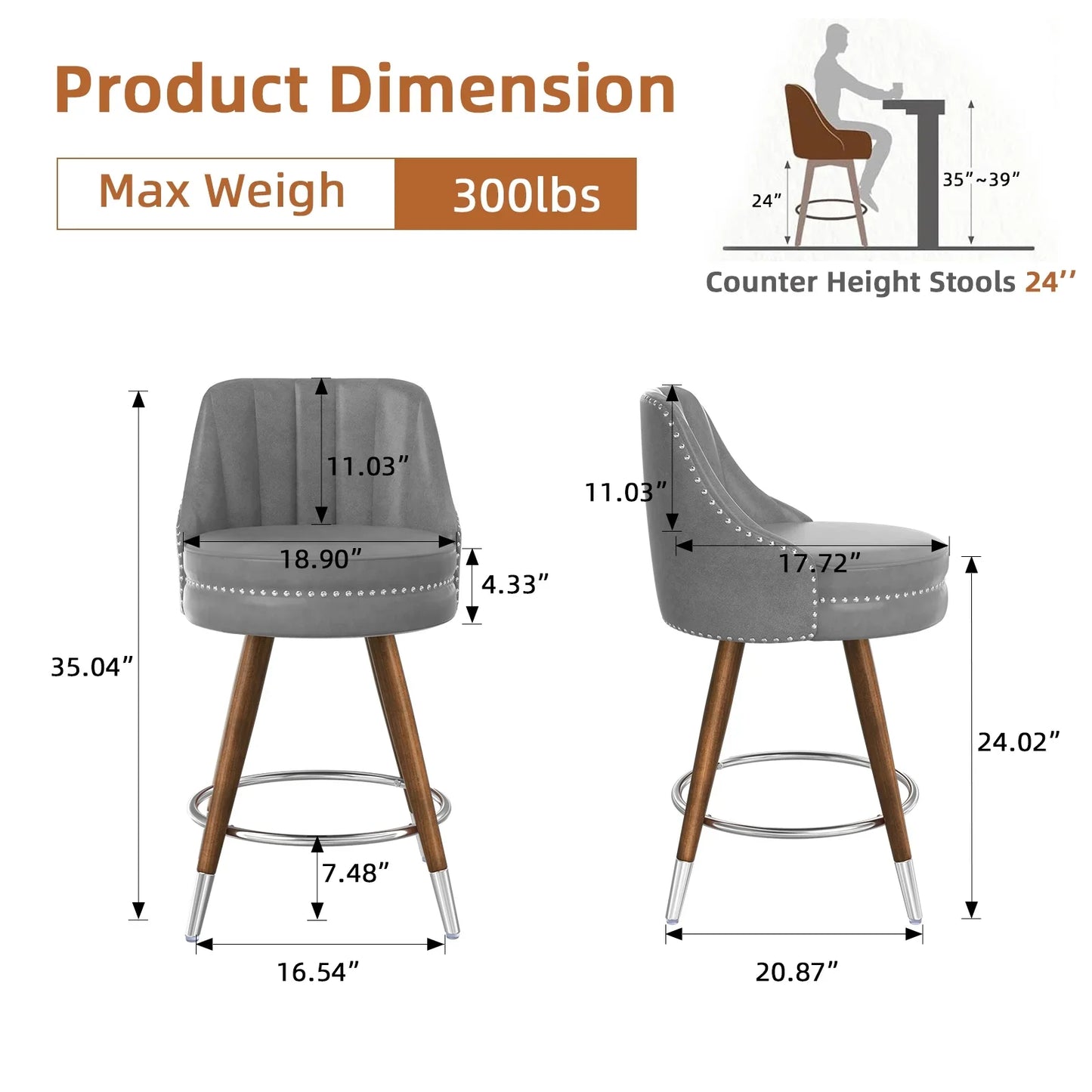 HomeZeer Swivel Bar Stools Set of 2, Counter Height Bar Stools with Back, Leather Swivel Counter Stools with Wood Legs and Footrest, Upholstered Bar Stools Chairs for Kitchen Island, Grey