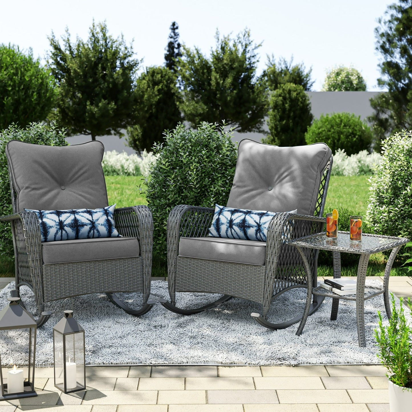 Poteban 3-Piece Outdoor Rocking Chairs, Wicker Patio Furniture with Thickened Cushions and Table for Porch(Light Gray)