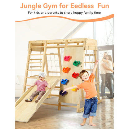 Indoor Baby Climbing Toys, Playground Jungle Gym Montessori Waldorf Style Wooden Toddlers Climber Playset for Children Kids 2-7 with Slide, Climbing Wall, Rope Wall Net, Swing, Ladder
