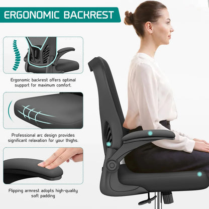 HomeZeer Ergonomic Office Chair, Home Desk Chair with Lumbar Support, Flip-up Arms Mesh Office Chair, Black