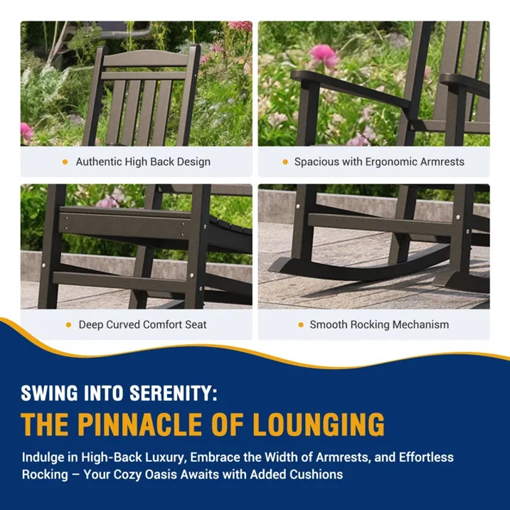 ECOPATIO 3-Piece Outdoor Rocking Chair Set of 3,All Weather Poly Lumber Adirondack Rocker Chair with High Back,Black