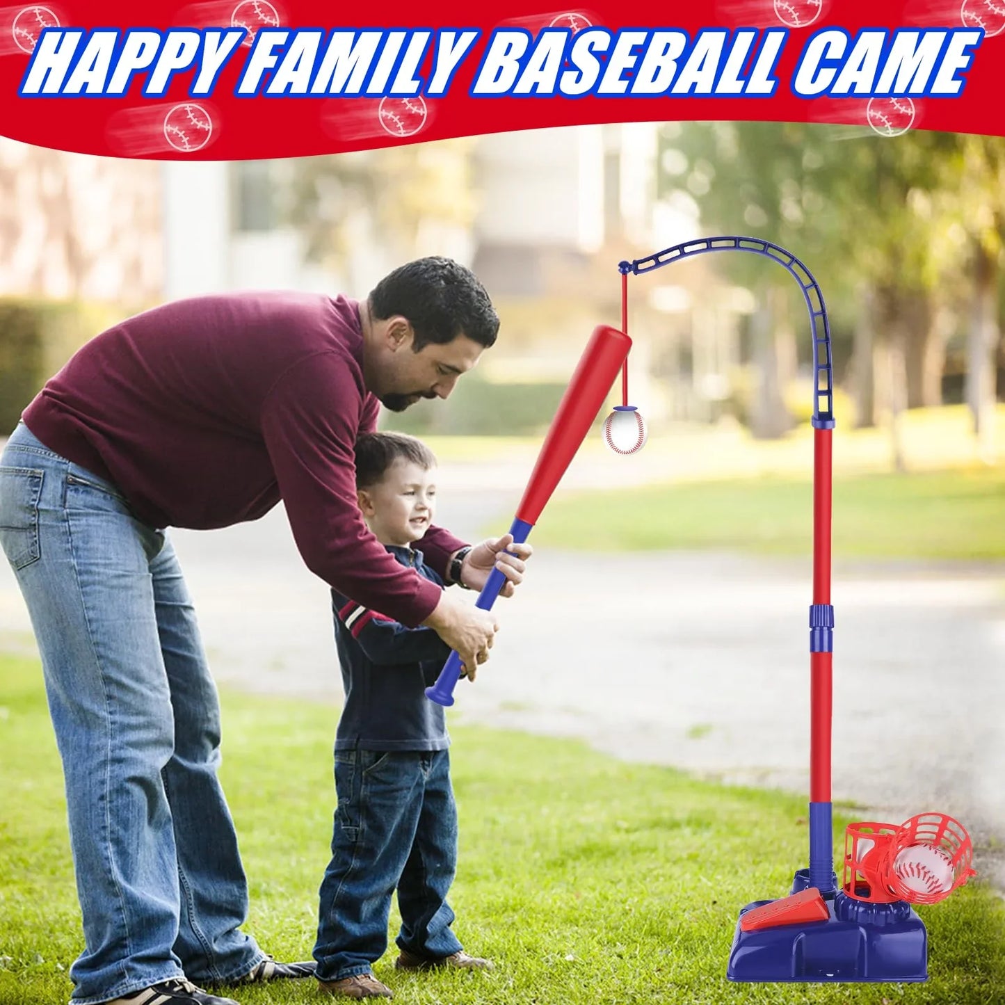 JASCOPRO Baseball Set for Kids, 3-in-1 Tee Ball Stand, Hanging Tee, Adjustable Ball Launcher