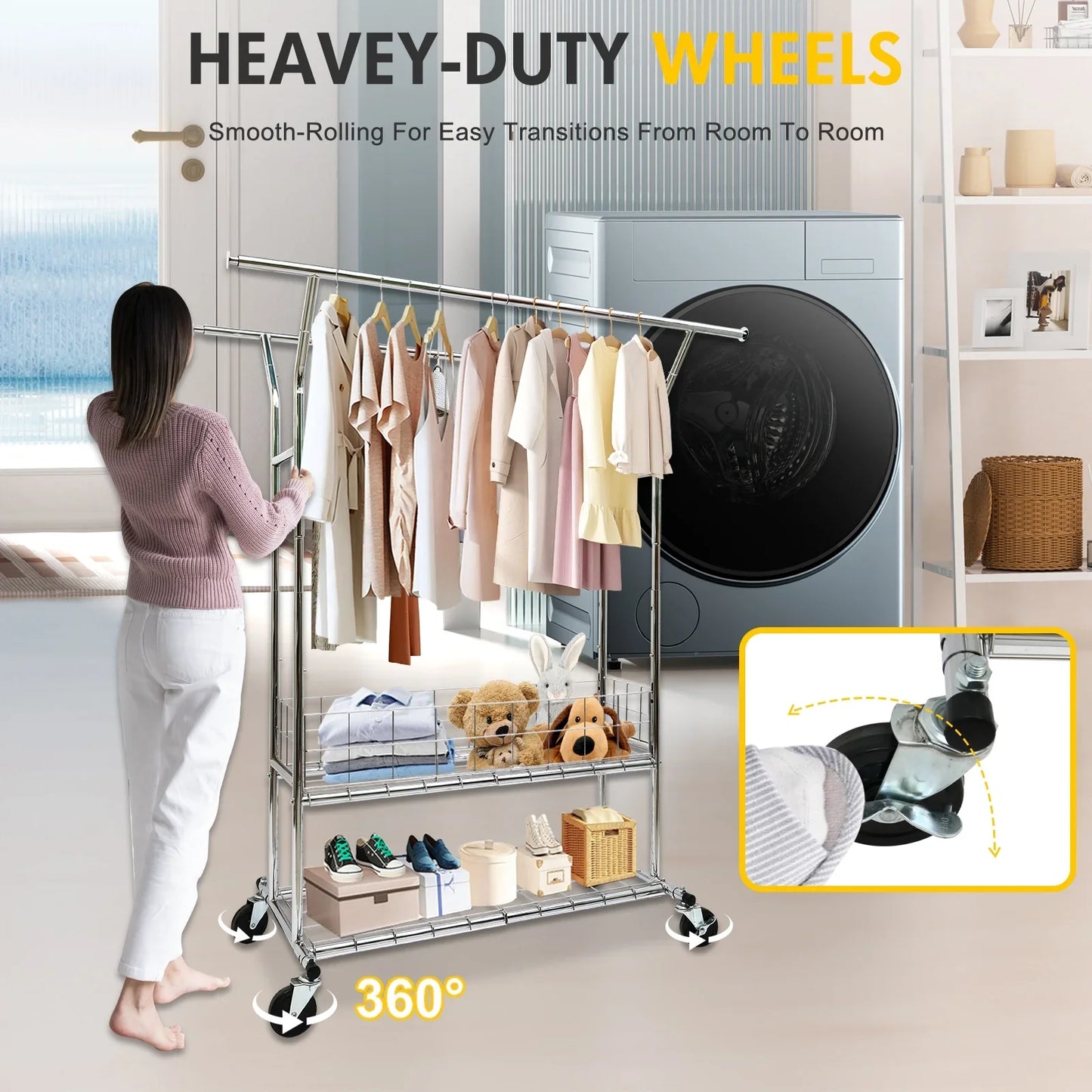 Heavy Duty Clothes Rack with Metal Basket, 625lbs Clothing Racks with Wheels, Rolling Garment Rack for Hanging Clothes, Commercial Adjustable Double Rod Hanging Rack