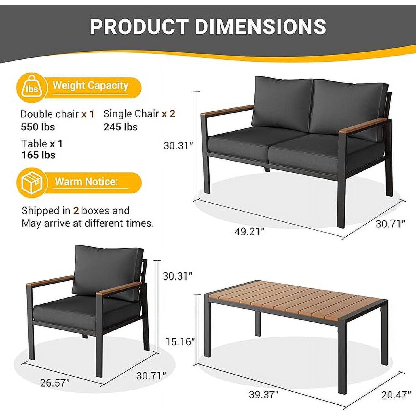 Poteban Metal Outdoor Patio Furniture Set, Modern Outdoor Conversation Furniture Sets w/Coffee Table, 4 Piece Outside Furniture with Thick, Washable and High-Resiliency Sponge Cushions (Deep Grey)