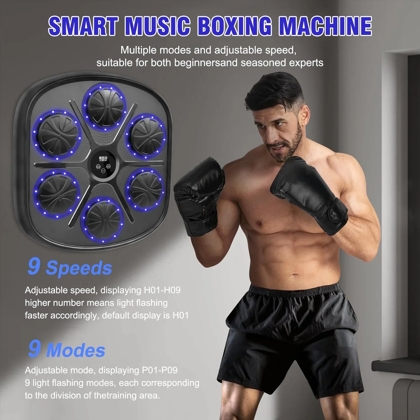 Baokaler Music Boxing Machine with Blue Boxing Gloves, 2024 Upgrade Intelligent Boxing Machine, Wall-Mounted Music Boxing Machine for Adults and Kids, Punching Pad Equipment for Home, Indoor, and Gym