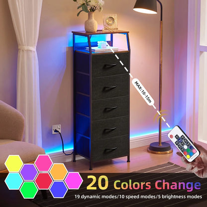 Somdot Dresser with Charging Station, Nightstand with 5 Removable Fabric Drawers, Black Rustic Brown