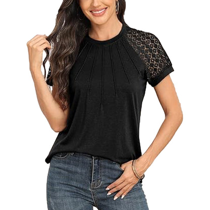 VDJ Womens T shirts Trendy Fashion Lace Short Sleeve Dressy Tops Casual Business Blouses Summer Black Tee Clothing 2024 Size XL