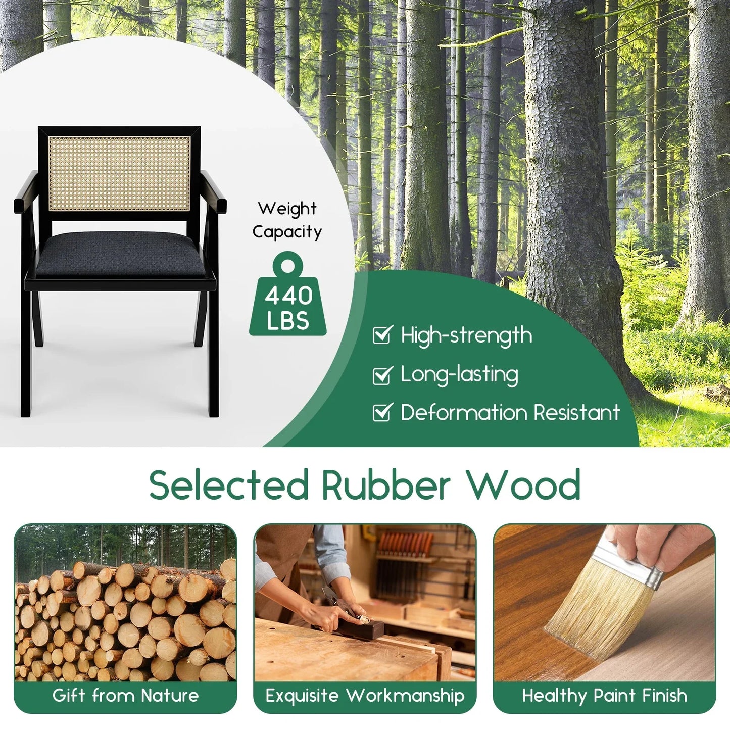 HomeZeer Rattan Dining Chars Set of 2, Upholstered Kitchen Chairs with Armrest and Cane Backrest, Mid Century Wooden Frame Dining Chais, Black